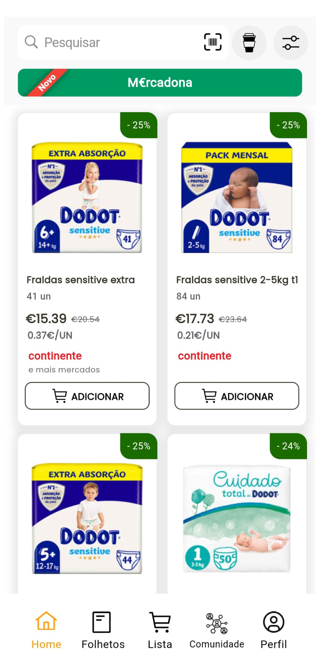 Interface do aplicativo Super Save mostrando comparação de preços de supermercados em Portugal